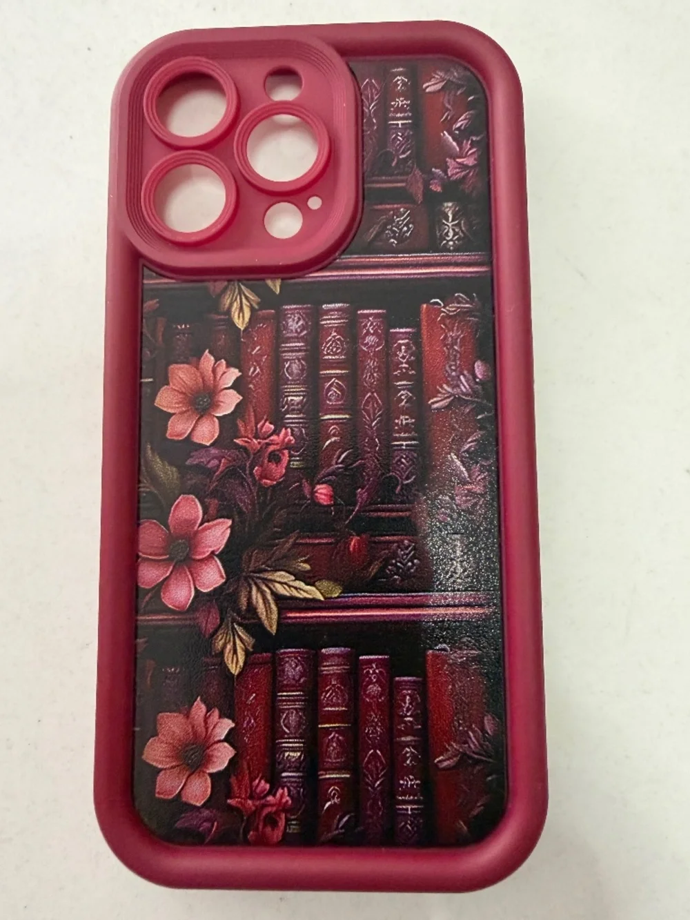 Iphone 17 pro Phone Case Burgundy Flowers Book Shelf